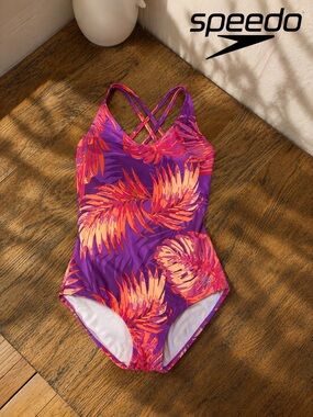 SPEEDO Purple Tropical One-Piece Swimsuit Size 8